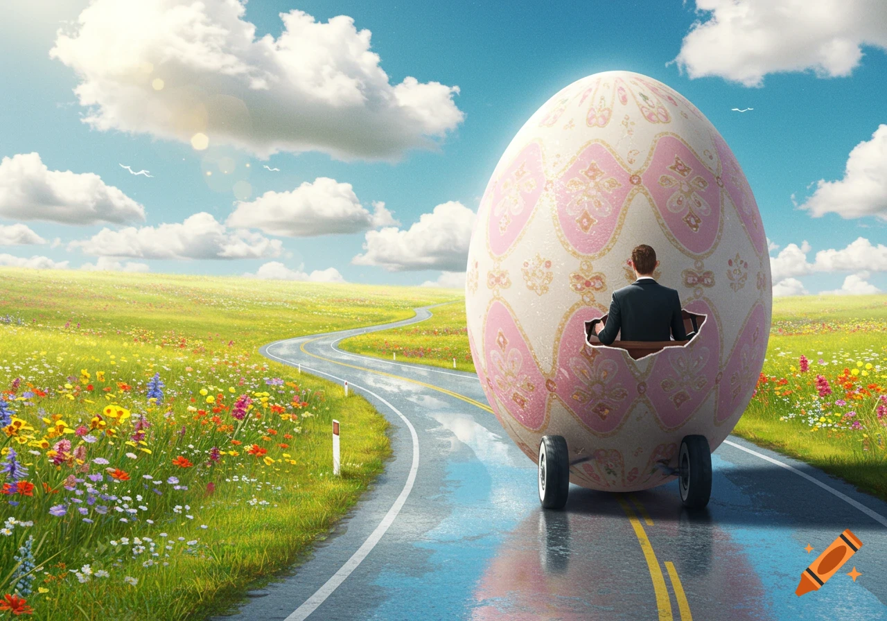 A man in a suit drives a large, decorated Easter egg car along a winding road through a vibrant spring field under a blue sky.
