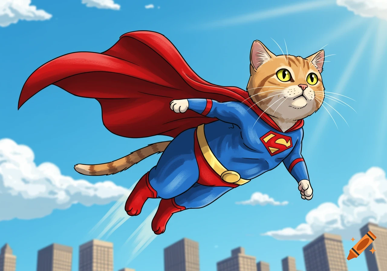 A cartoon orange tabby cat in a blue and red Superman costume with a red cape flies through a bright blue sky above a city.