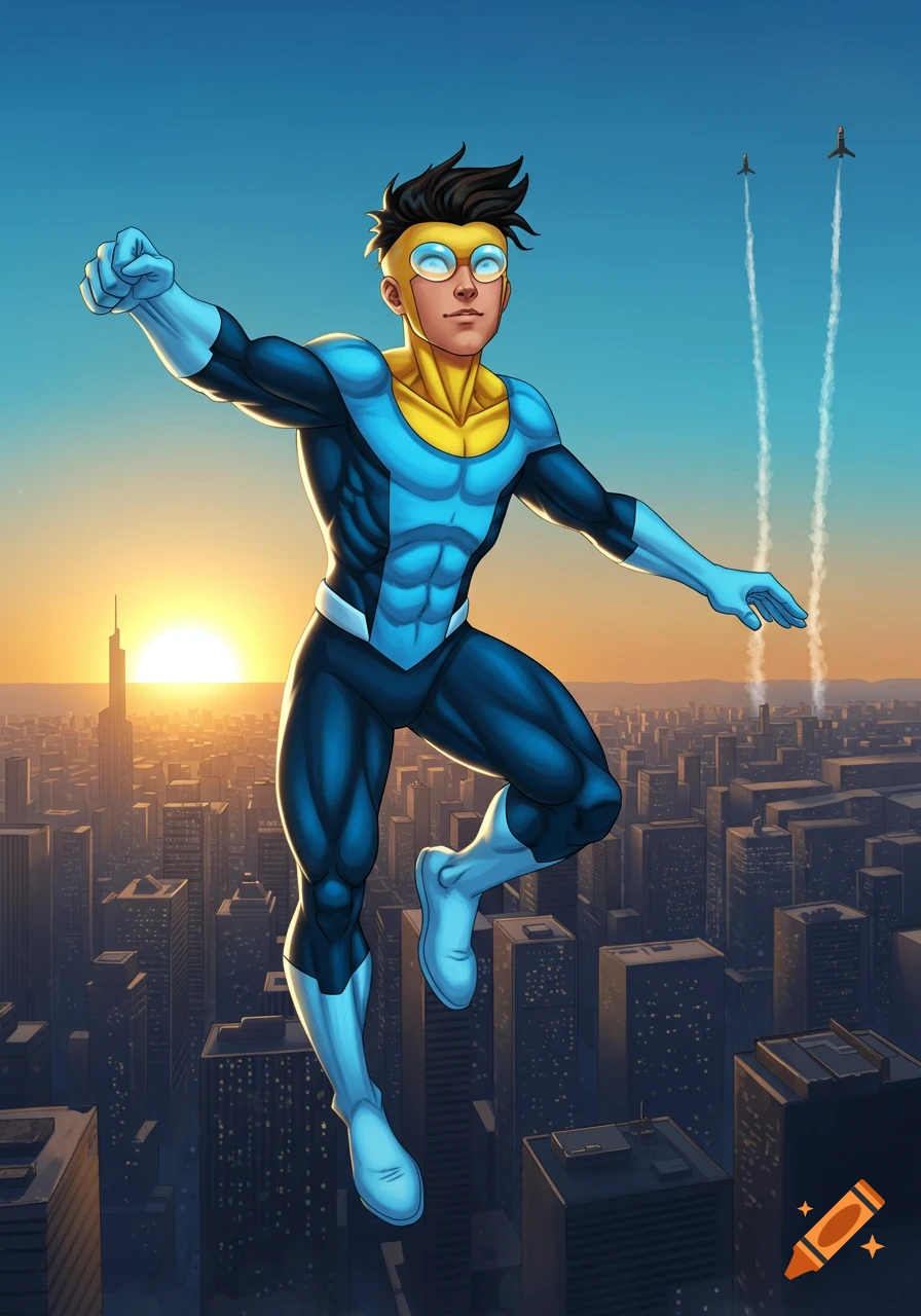 Invincible, a young male superhero in a blue and yellow suit, flies over a city at sunset in a comic art style.