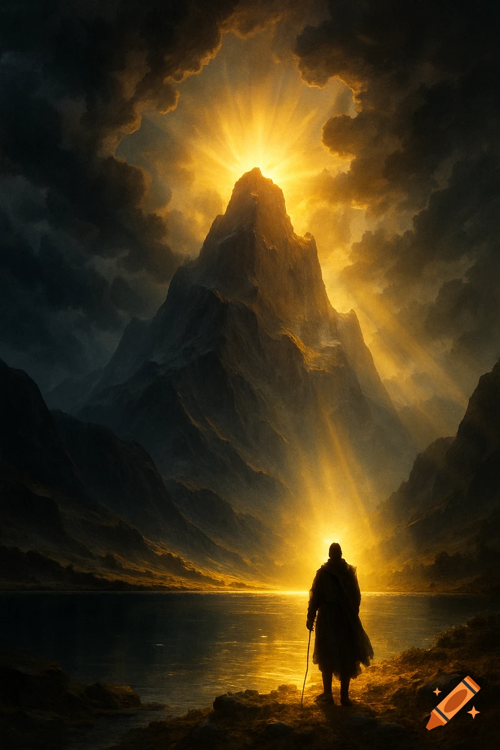 A silhouetted figure stands by a tranquil lake, gazing at a majestic mountain peak illuminated by a brilliant golden light amidst dramatic clouds.