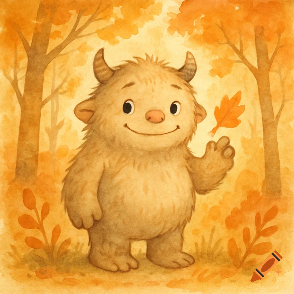 Cute, fluffy horned monster smiling and holding an autumn leaf in a watercolor forest illustration.