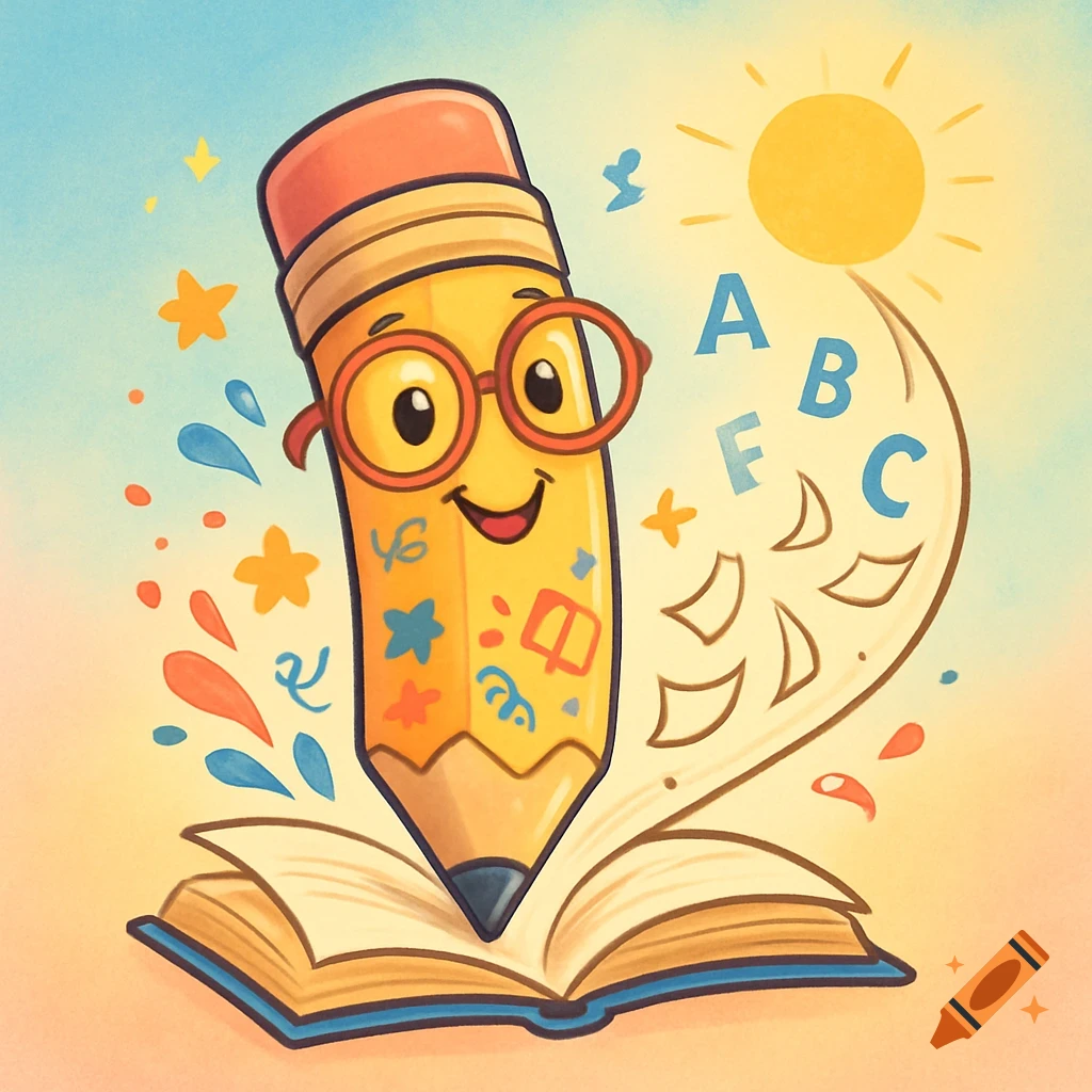 A happy cartoon pencil with glasses writing on an open book, surrounded by alphabet letters and a sun, in a vibrant illustration style.