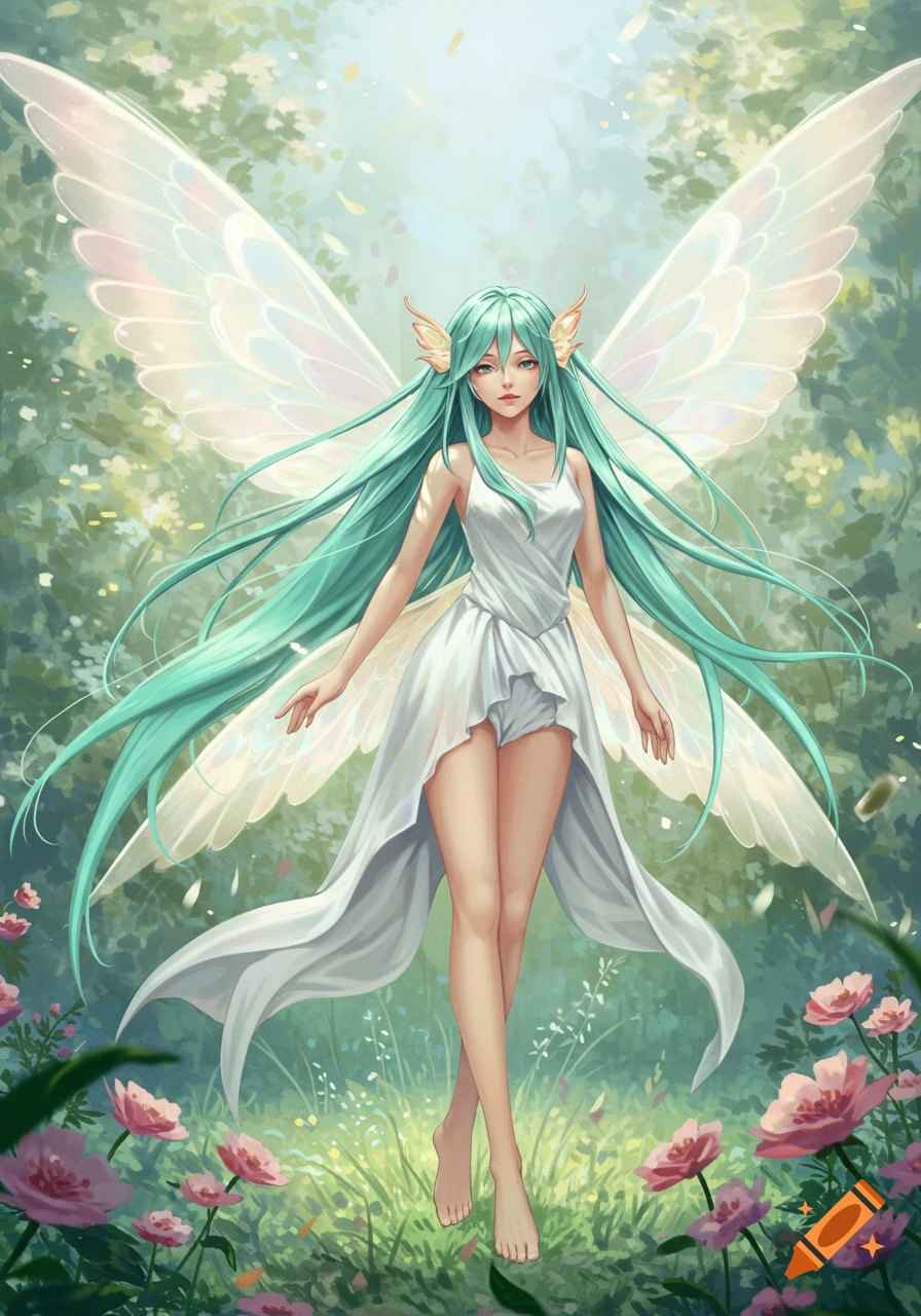 Anime fairy with long mint hair, white wings, and a white dress stands in a vibrant forest with pink flowers.