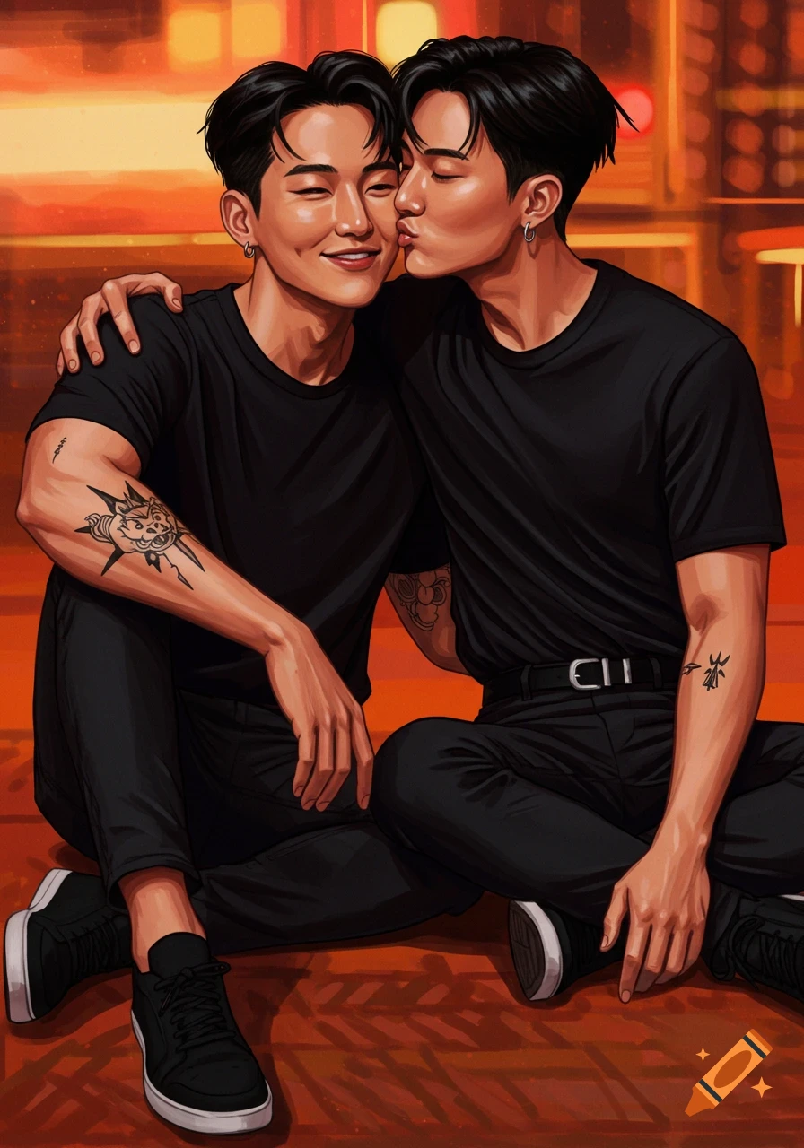Digital illustration of two young men embracing, one kissing the other's cheek, sitting on a warm-toned floor.