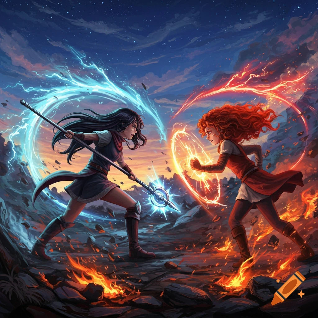 Two young women, one with a glowing staff and blue lightning, the other with fire magic, battle in a stylized fantasy landscape.