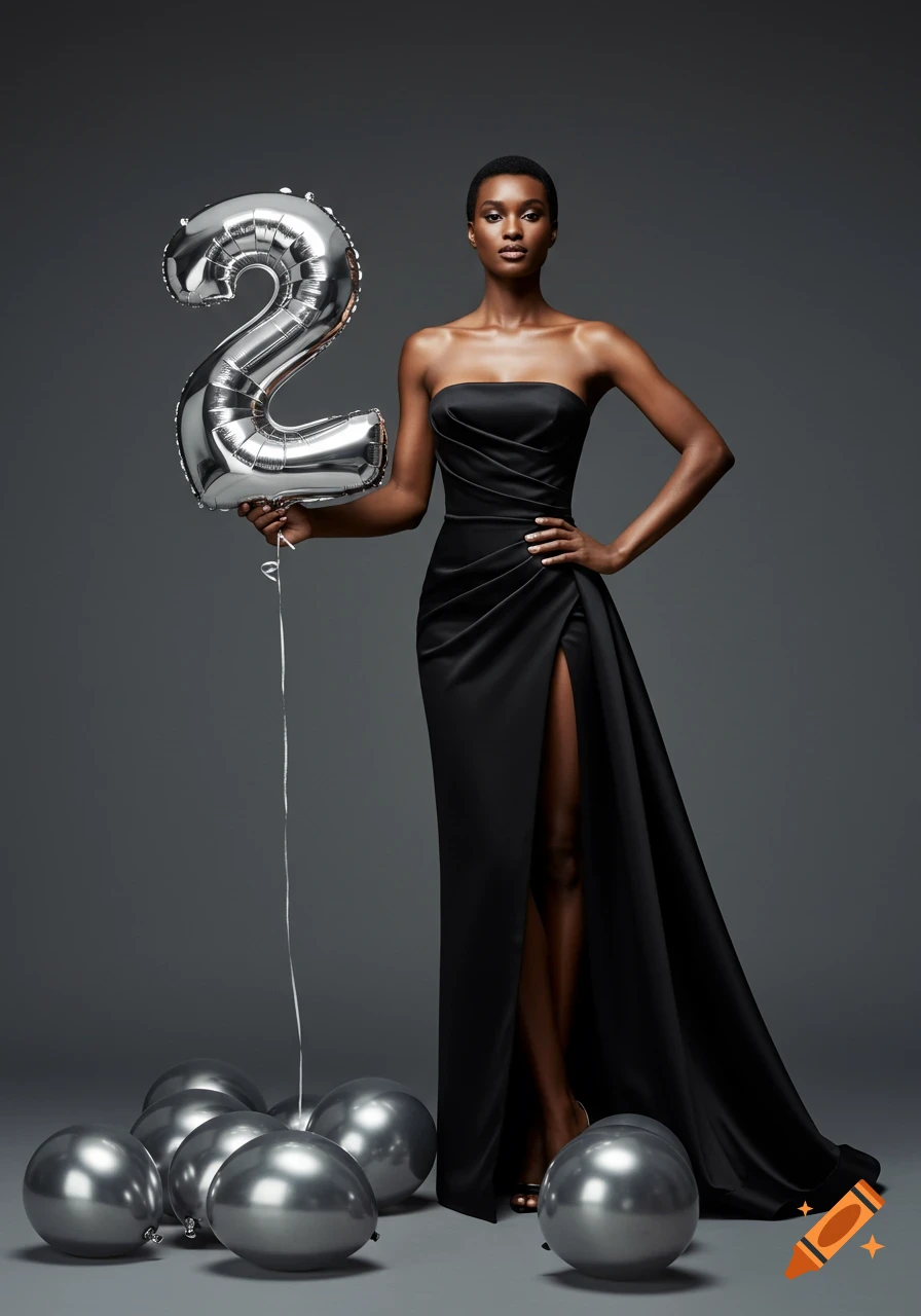 Elegant woman in a black strapless gown with a thigh-high slit, holding a silver number 2 balloon, surrounded by silver balloons on a gray backdrop. Photorealistic studio portrait.