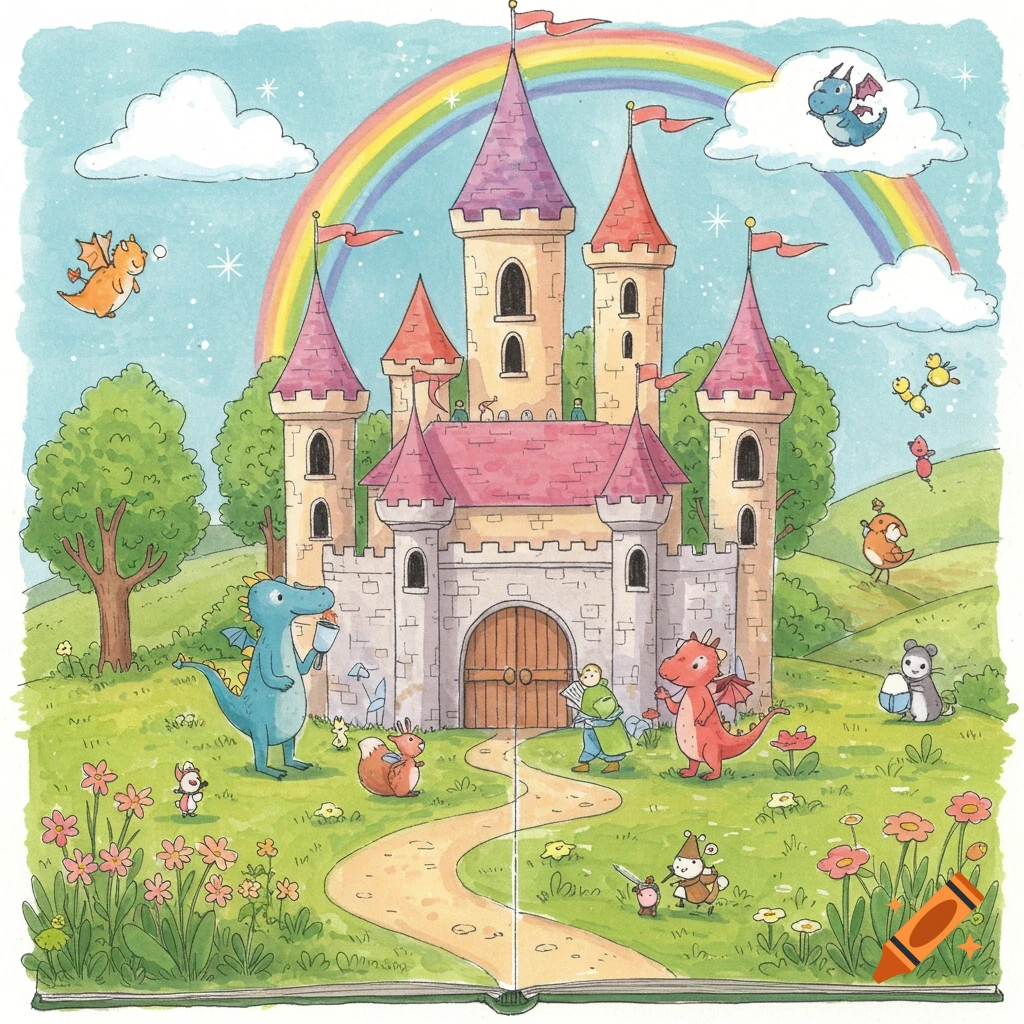A whimsical watercolor illustration of a fairytale castle with dragons, animals, a rainbow, and flowers, set on an open storybook.