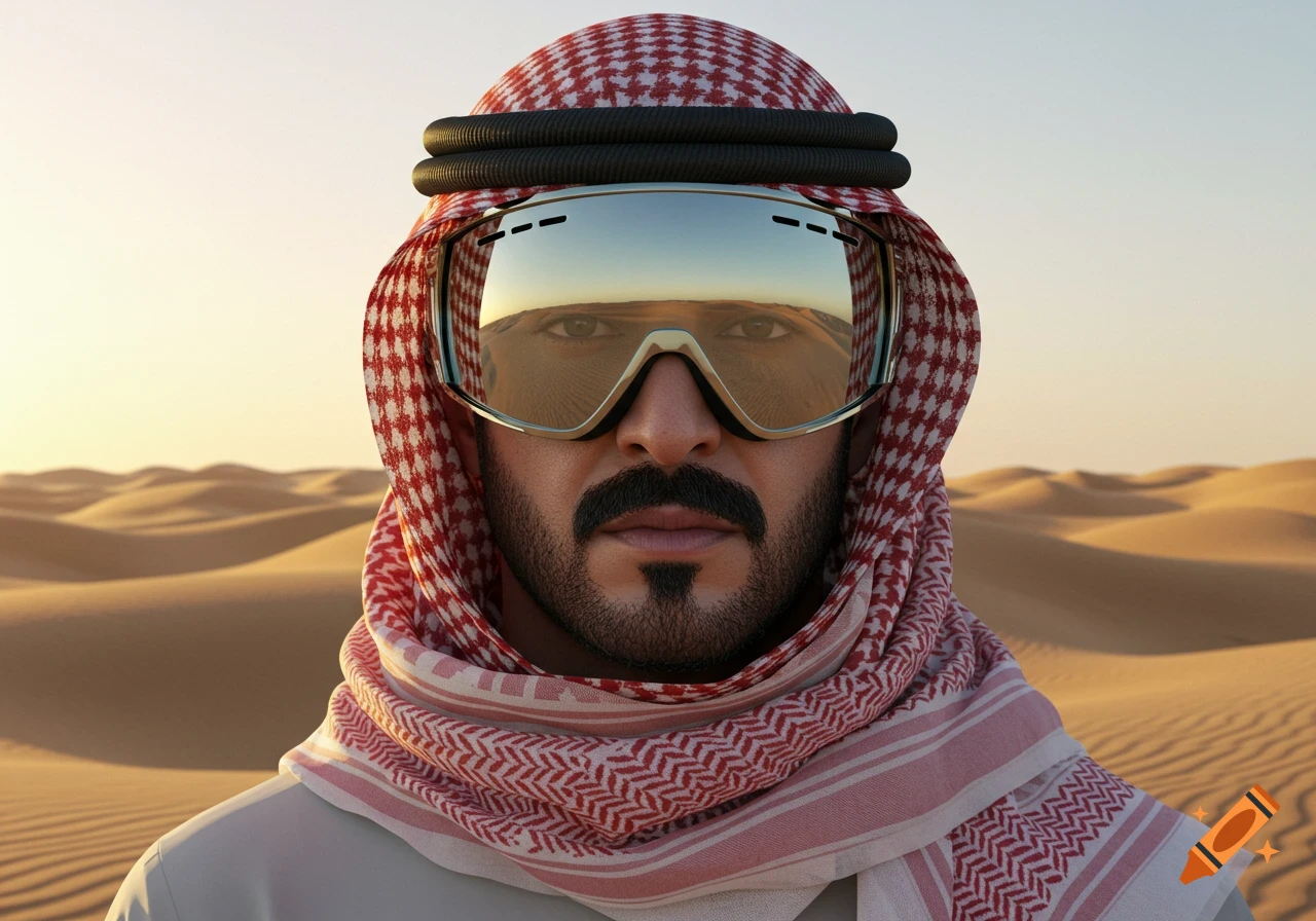 A bearded man in a red and white keffiyeh and mirrored ski goggles, reflecting the desert, stands against sand dunes.