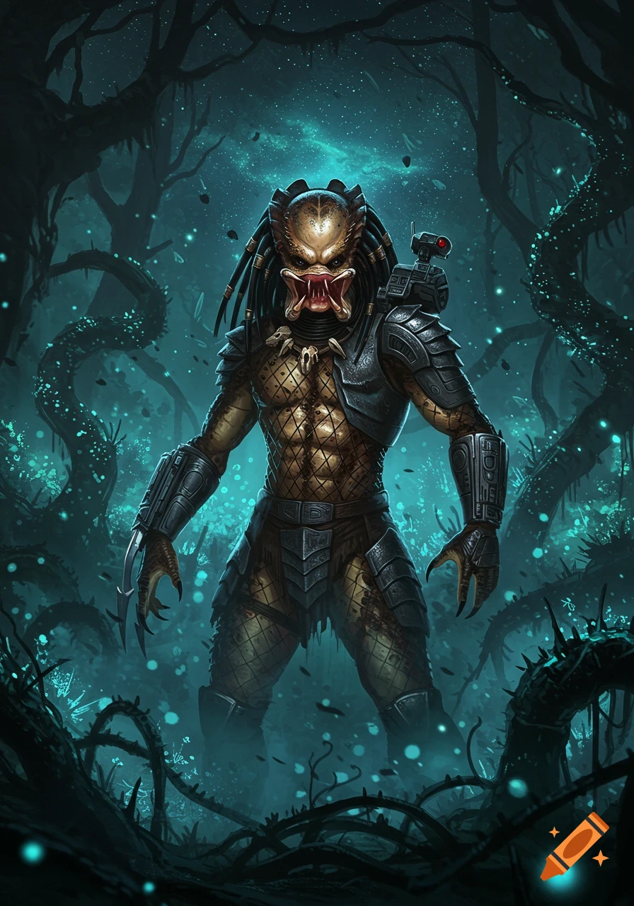 Detailed sci-fi illustration of a Predator alien in a bioluminescent jungle at night.