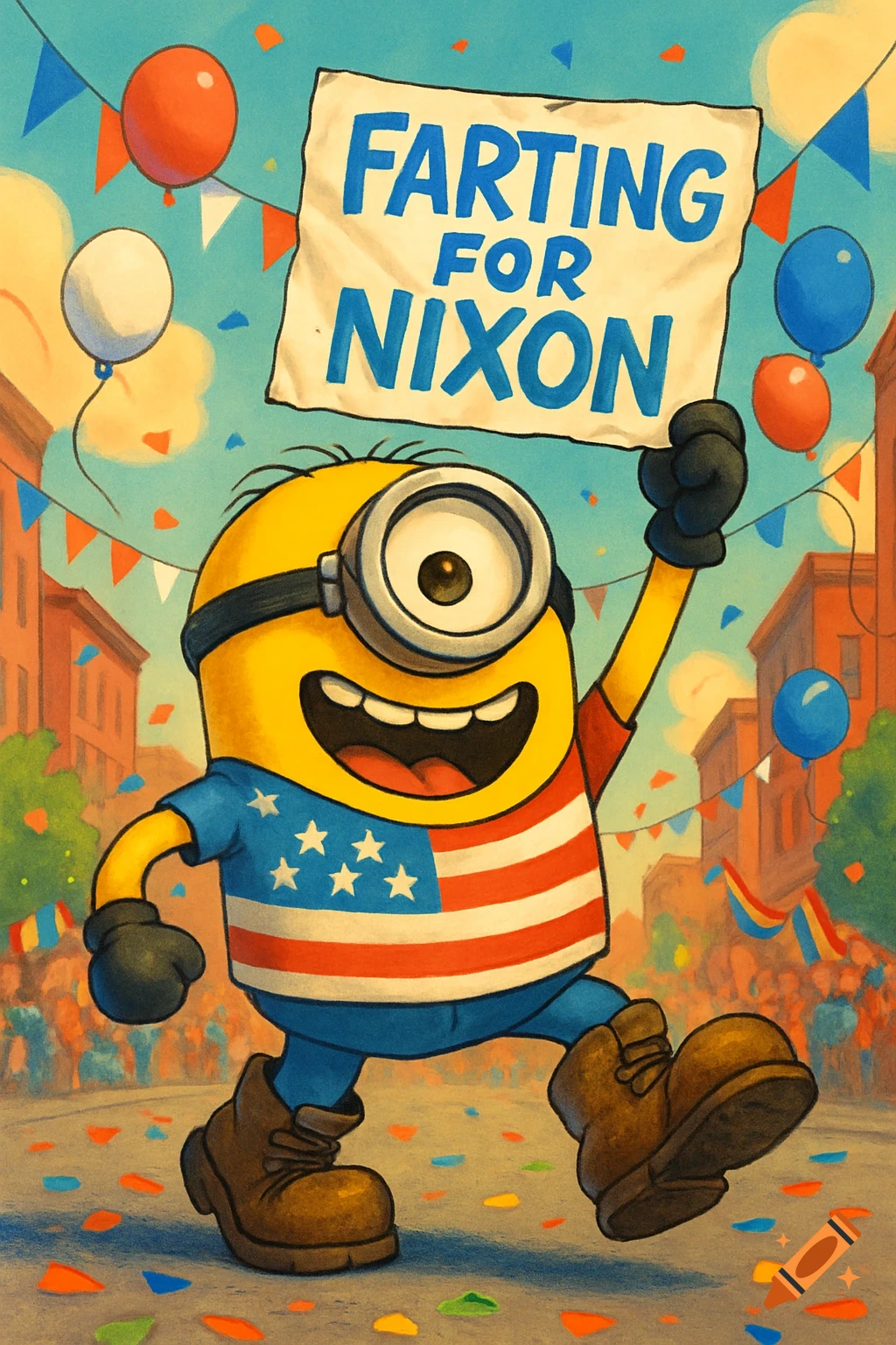 A Minion in an American flag shirt marches in a parade, holding a sign that reads 'FARTING FOR NIXON'.