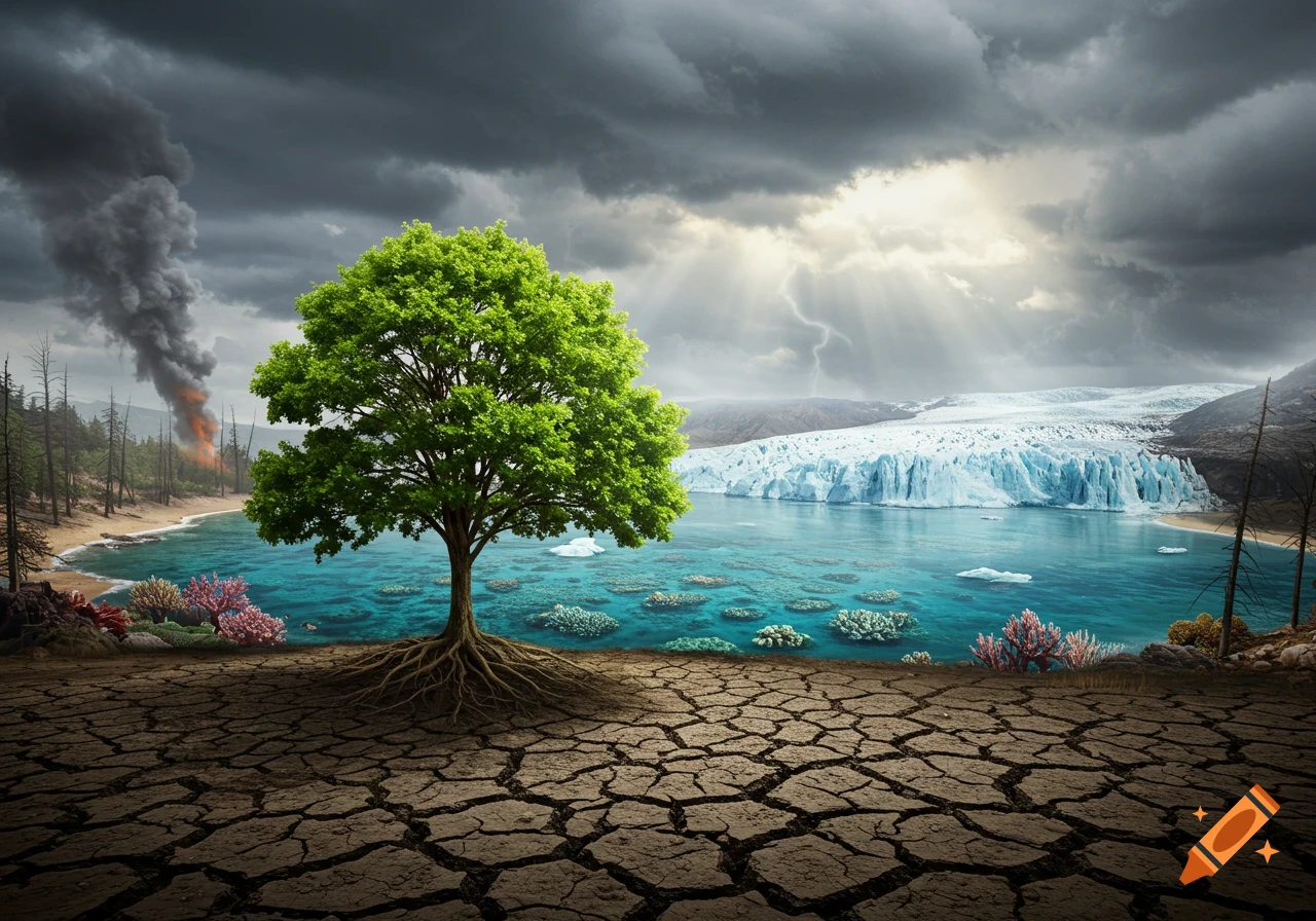 Vivid depiction of climate change with a lush green tree on cracked earth, fire, glacier, and stormy sky.