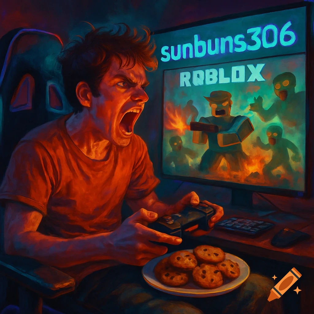 An angry male gamer screams while playing a Roblox zombie game on a monitor, holding a controller, with a plate of cookies beside him. Digital painting.