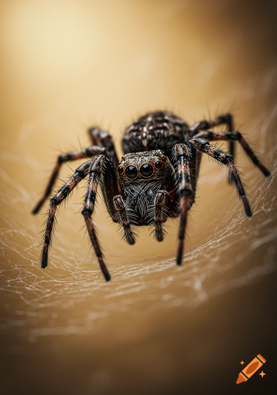 A close-up, photorealistic macro shot of a furry jumping spider with large, reflective eyes, standing on a delicate spiderweb.