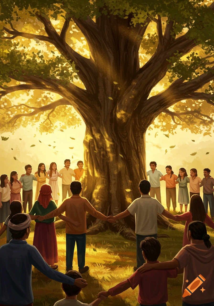 Illustrated group of people holding hands in a circle around a large, luminous tree with falling golden leaves.