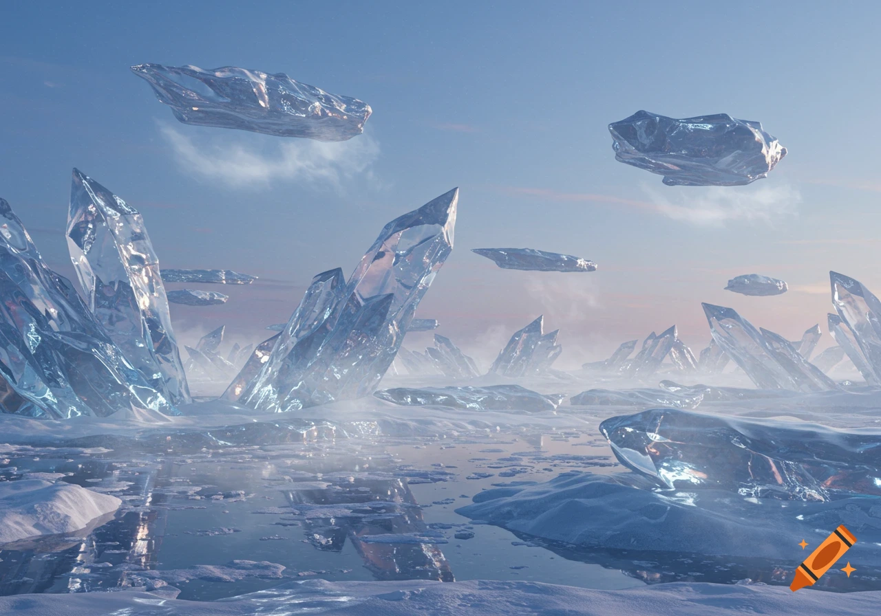 A fantasy landscape with jagged, translucent blue ice crystals rising from snowy ground and frozen water, with flat icebergs floating in the pale sky.