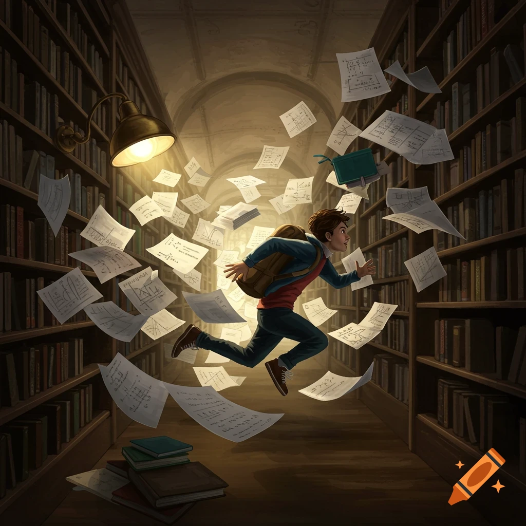 A young student with a backpack runs through a dimly lit library aisle, surrounded by a swirling vortex of flying papers with formulas.