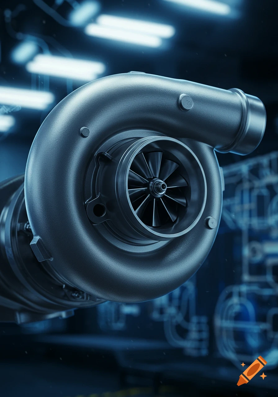Metallic turbocharger with black fan blades against a blurred dark blue background with glowing technical diagrams.