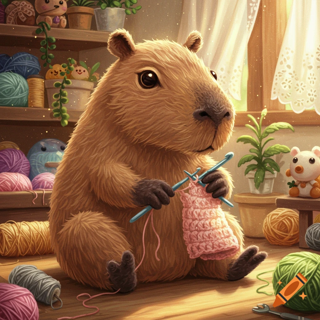 A cute capybara sits on a wooden floor, crocheting a pink item with blue needles amidst yarn in a cozy room.