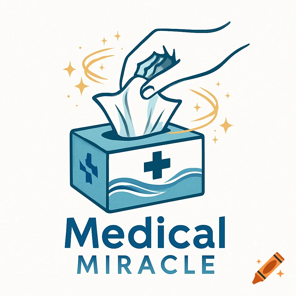 Logo showing a hand pulling a tissue from a blue box with a medical cross and waves, text says 'Medical MIRACLE'.