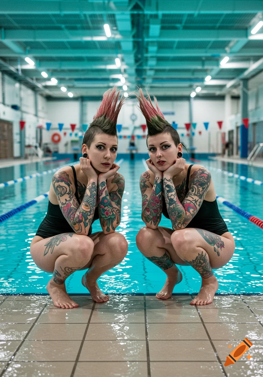 Two photorealistic tattooed punk women with mohawks and piercings crouch nervously at the edge of an indoor swimming pool.