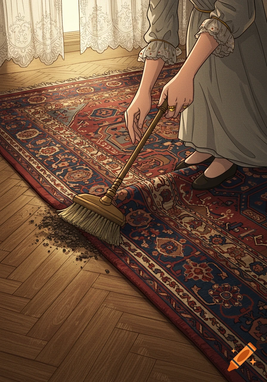 A woman's hands sweep dirt under a patterned rug in an illustrated style.
