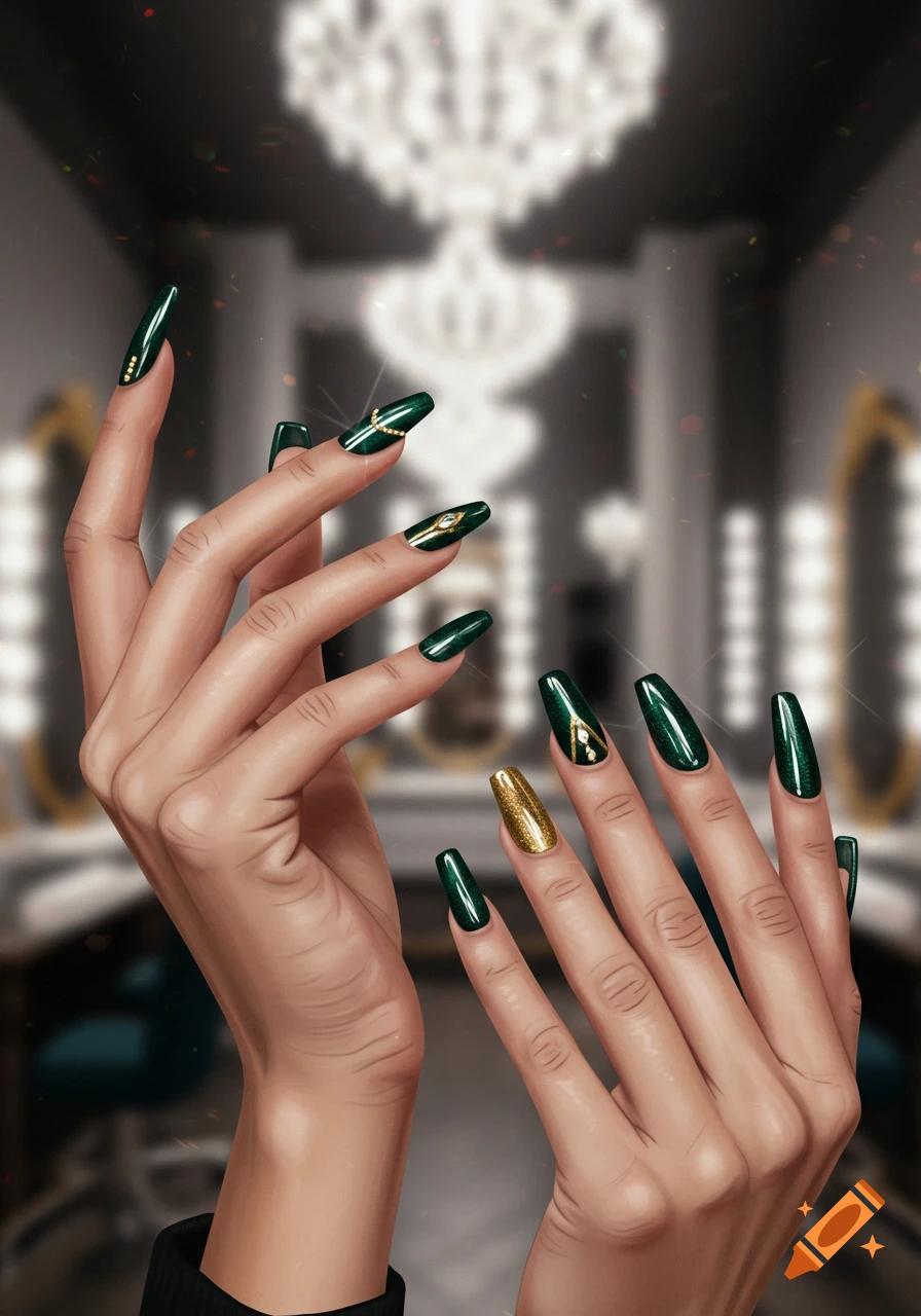 Close-up of hands with elegant dark green and gold coffin nails, some adorned with gems, against a blurred salon background. Digital art.