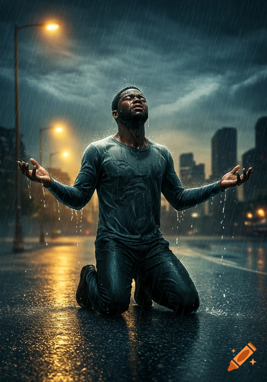 A Black man kneels on a wet city street in the rain, looking up with an emotional expression, arms outstretched.