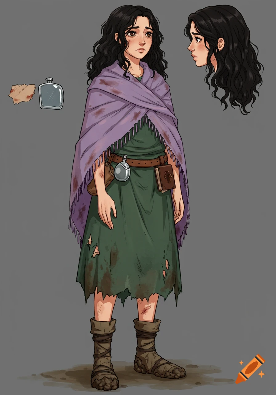 Anime character sheet of a worried, slender young woman with dark wavy hair, wearing a tattered lilac shawl, green dress, muddy boots, and a belt with a flask and book.