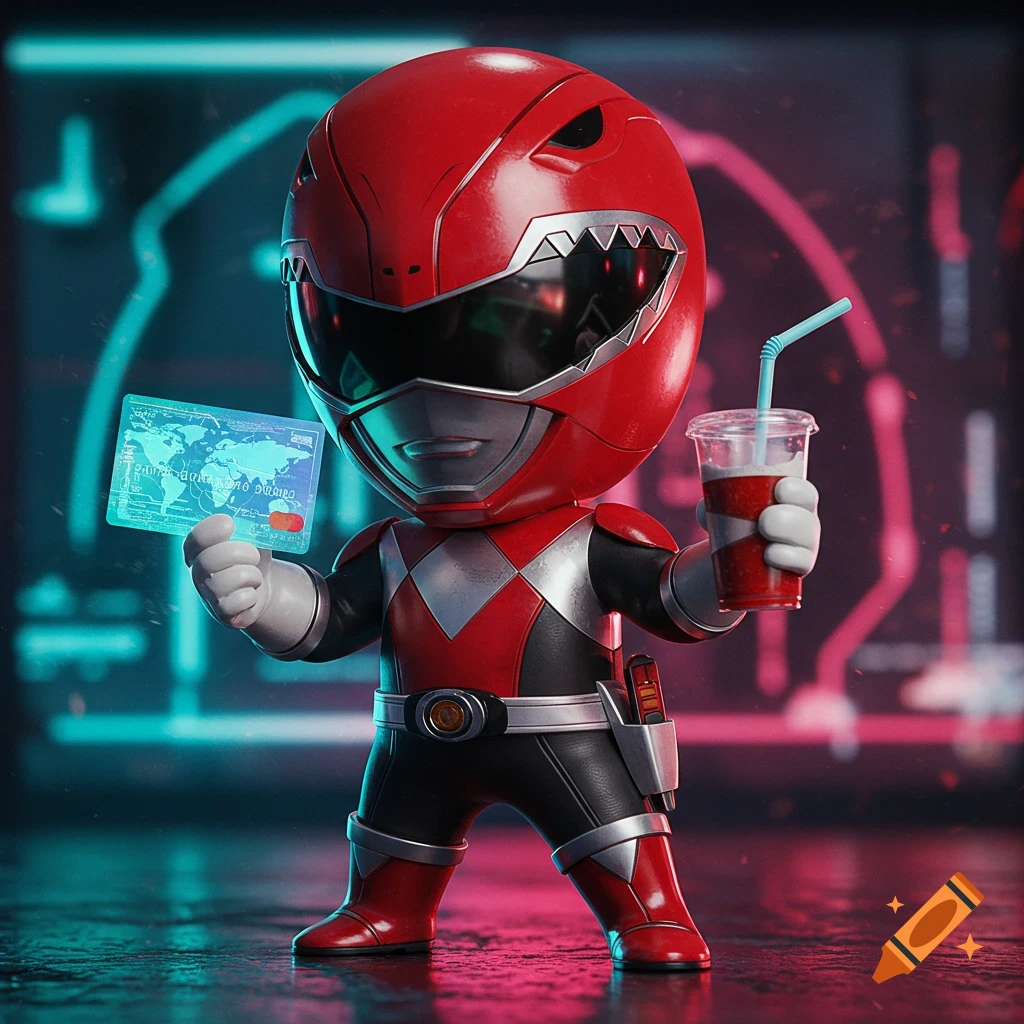 A stylized Red Power Ranger figure holds a translucent bank card and a drink with a straw in a neon-lit setting.