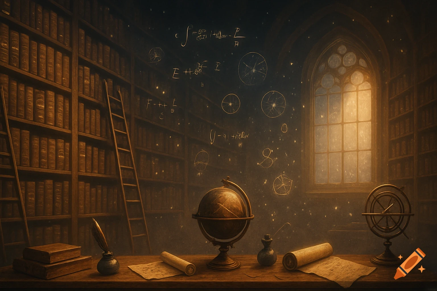 Dimly lit ancient library with towering bookshelves, a desk with a globe, scrolls, and glowing formulas on the wall.