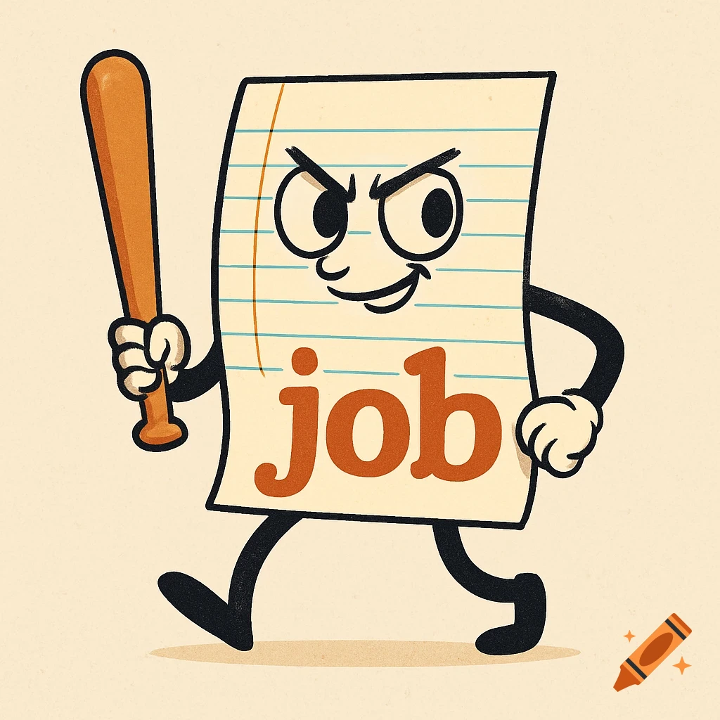 Angry retro cartoon paper character with 'job' on its body, holding a baseball bat.