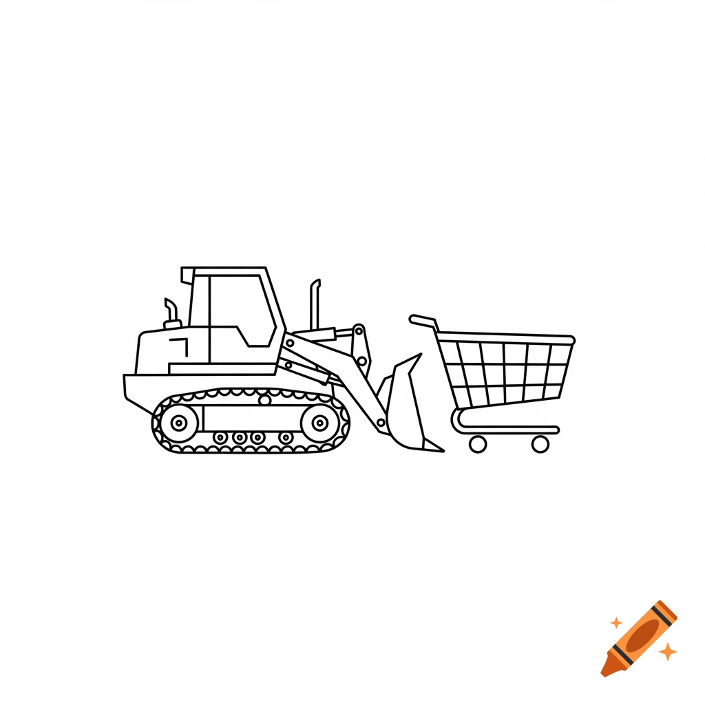 Black outline icon of a track loader pushing a shopping cart.