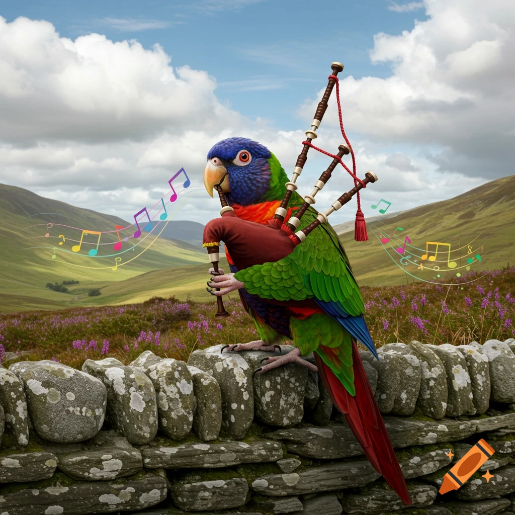 A colorful parrot playing bagpipes on a stone wall in a Scottish landscape, with musical notes floating around it.