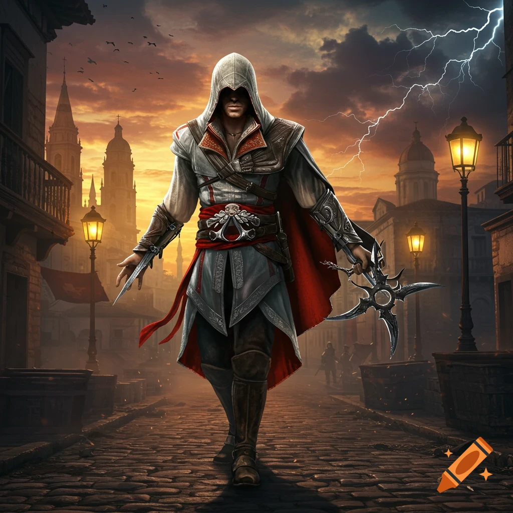 A hooded assassin-like figure walks on a cobblestone street in an old city at sunset, with lightning in the sky.