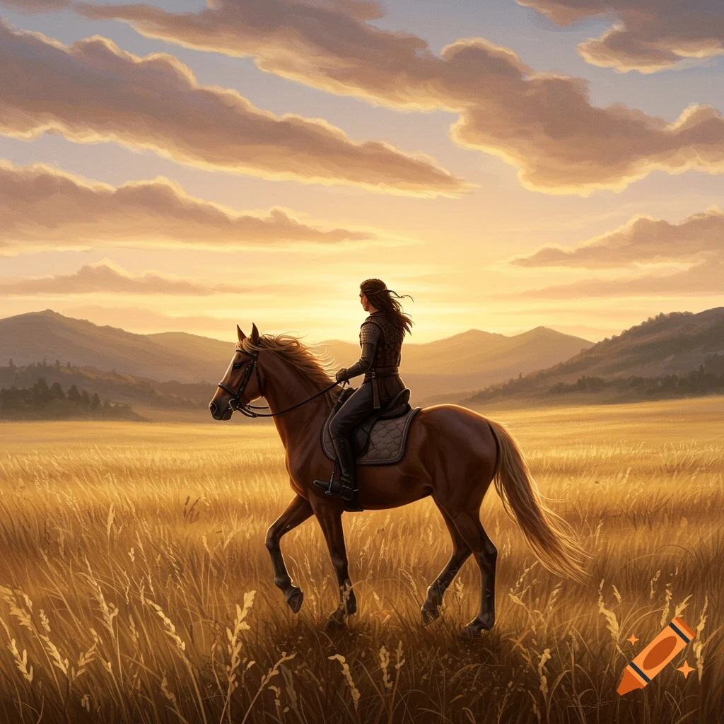 A person in warrior attire rides a horse through a golden field at sunset, with mountains in the distance. Digital painting.