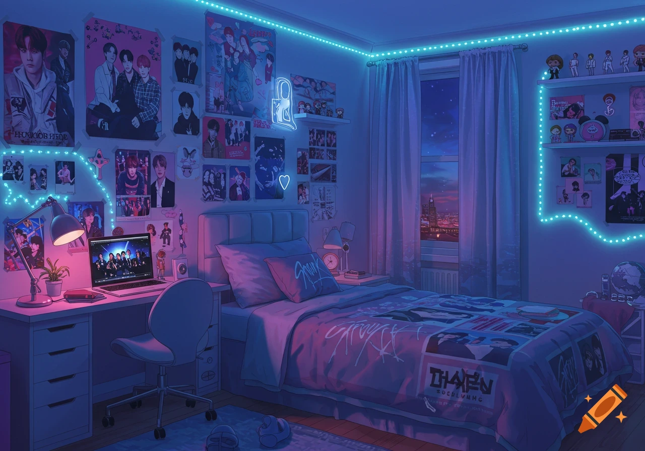 Anime-style K-pop themed teen bedroom with purple and blue LED lights, posters, laptop, and a city view at night.