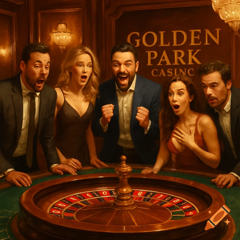 Five excited people reacting to a roulette wheel in a golden-lit casino, with 'GOLDEN PARK CASINO' visible on the wall.