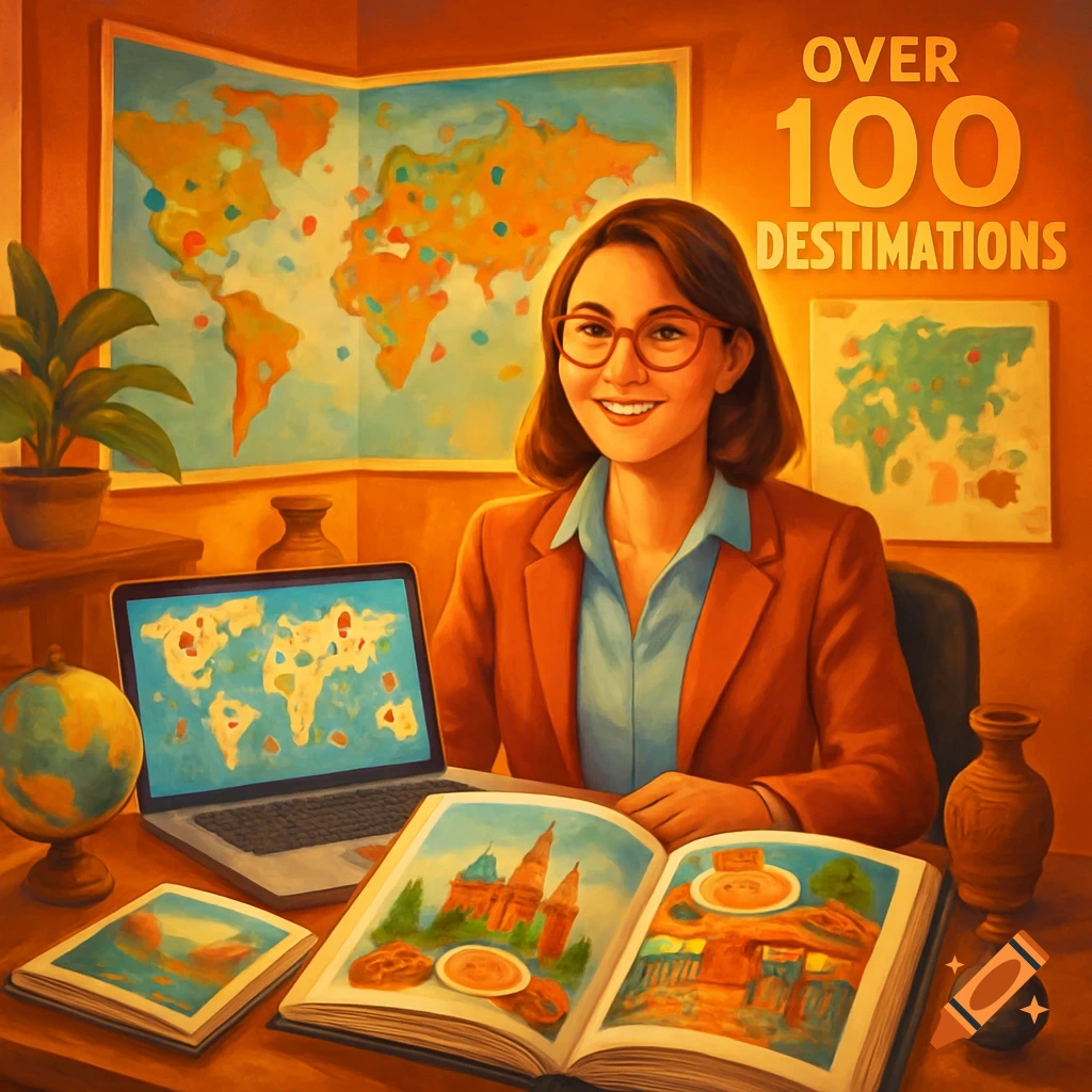 Smiling woman at a desk with maps, laptop showing a map, and an open travel book. Text 'Over 100 Destinations'. Painterly style.