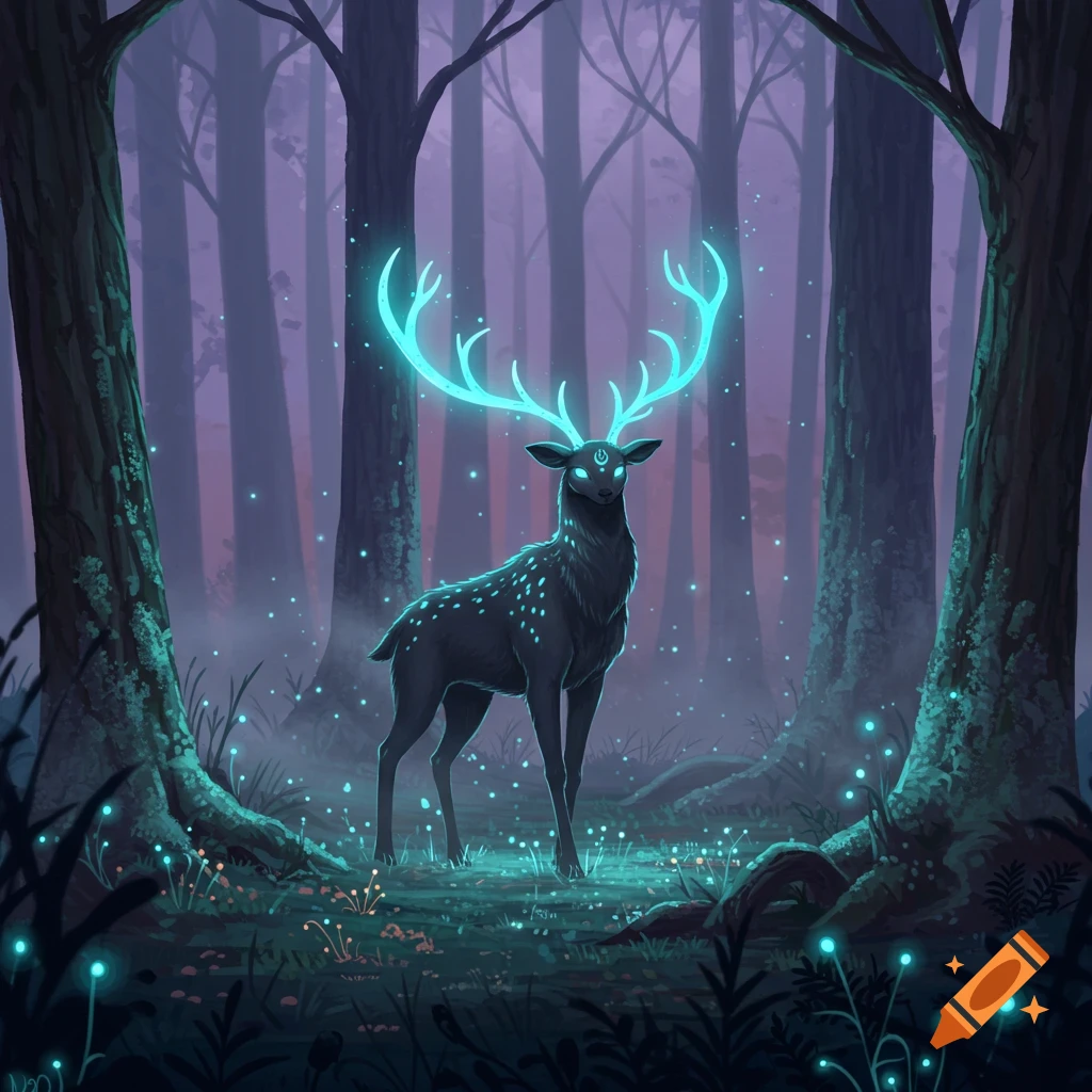 A black deer with bright blue glowing antlers and spots stands in a dark, mystical forest with glowing plants, illustration.