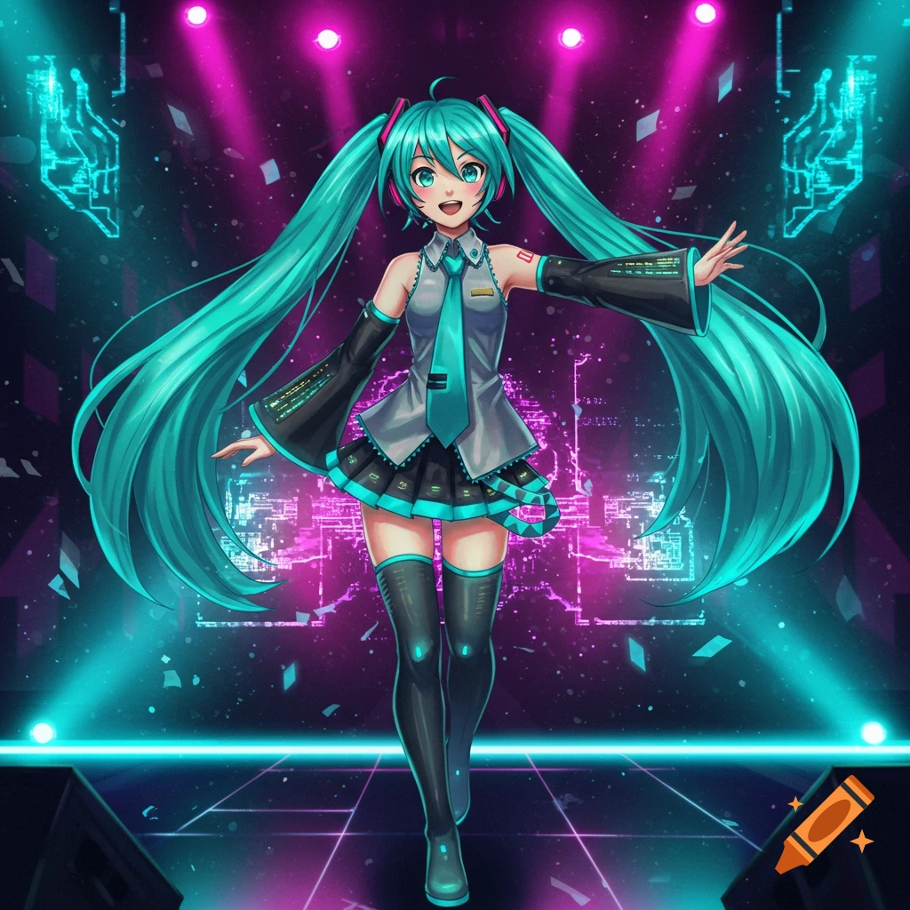 Hatsune Miku with long teal pigtails stands on a neon-lit stage, wearing her signature outfit, against a glowing pink and blue futuristic background.