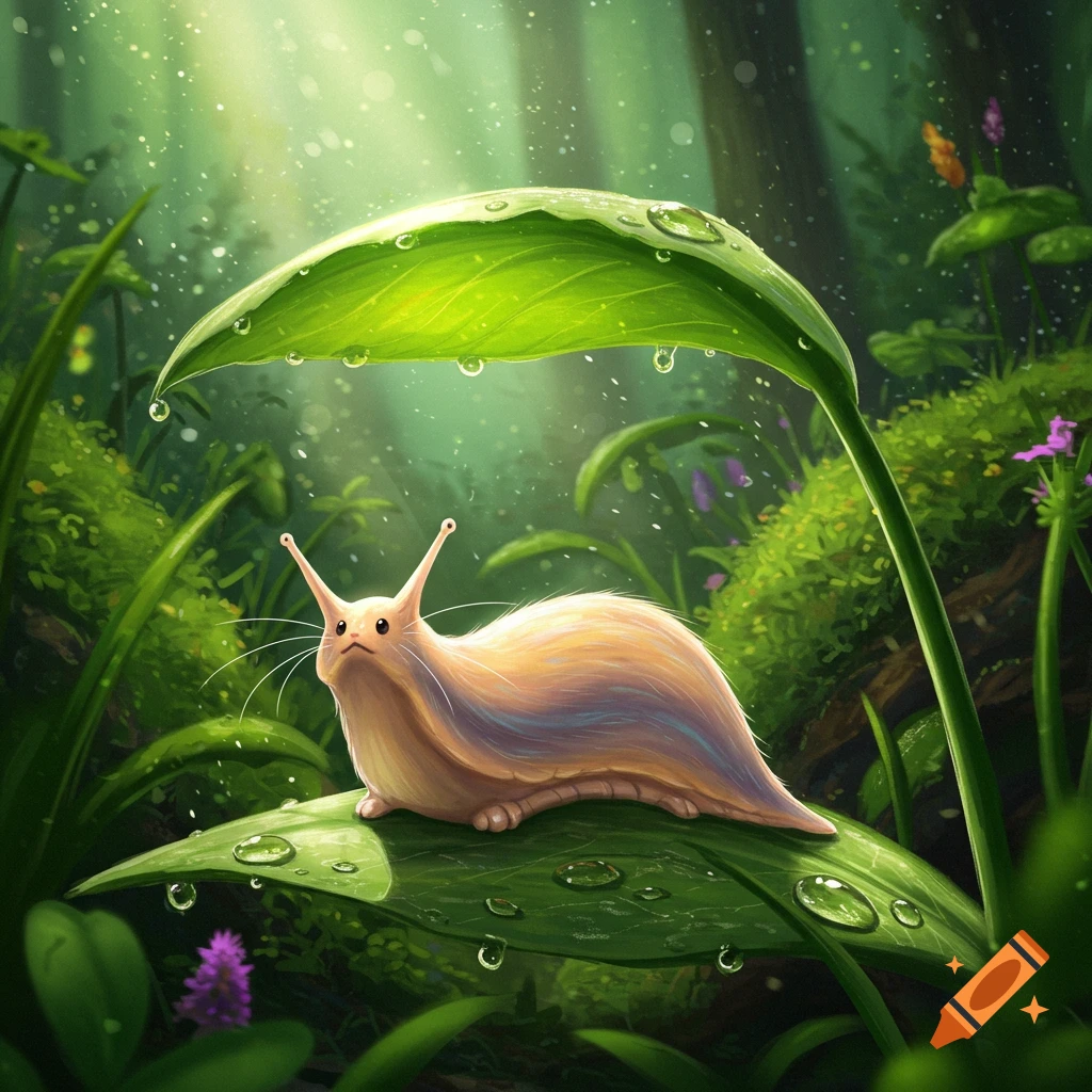 A cute slugcat character with a furry body and long antennae rests on a large green leaf, covered in dew drops, in a lush forest.