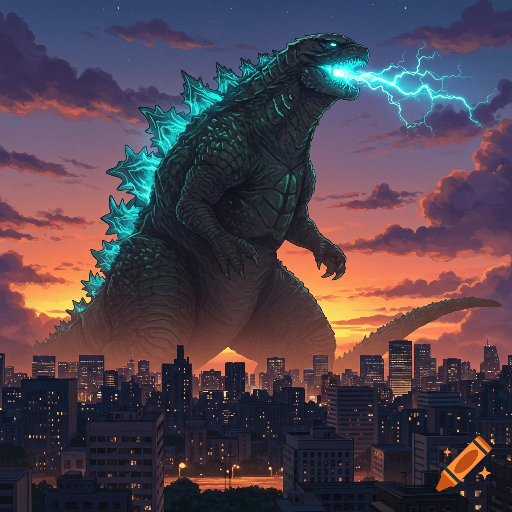 Godzilla roars and emits blue lightning over a city at sunset.