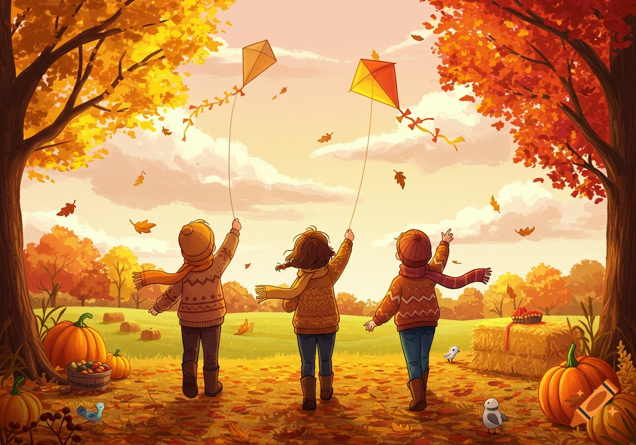 Three children flying kites in a vibrant autumn comic art landscape with colorful trees and pumpkins.