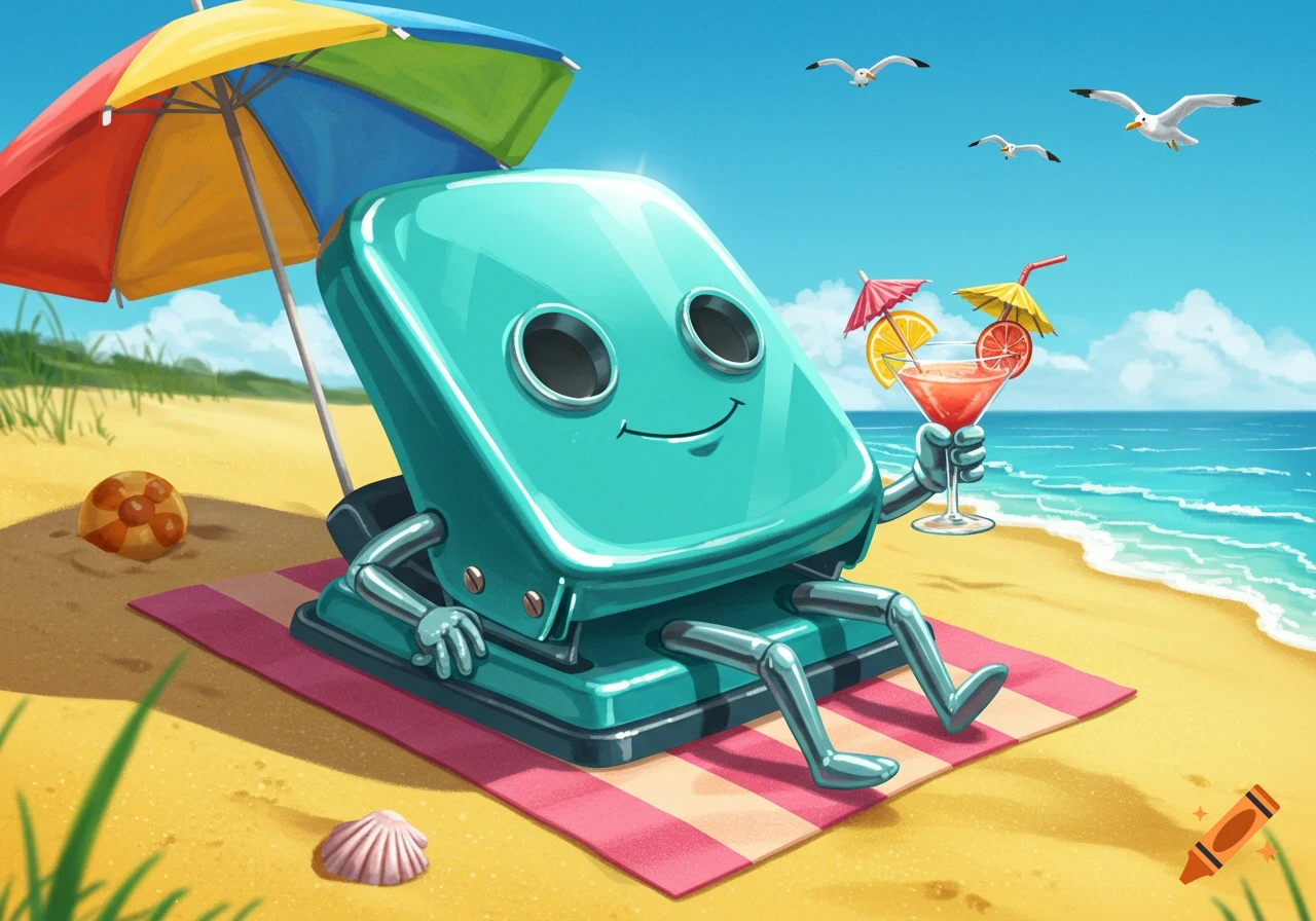 A cartoon anthropomorphic hole puncher relaxing on a sunny beach under an umbrella, drinking a cocktail.