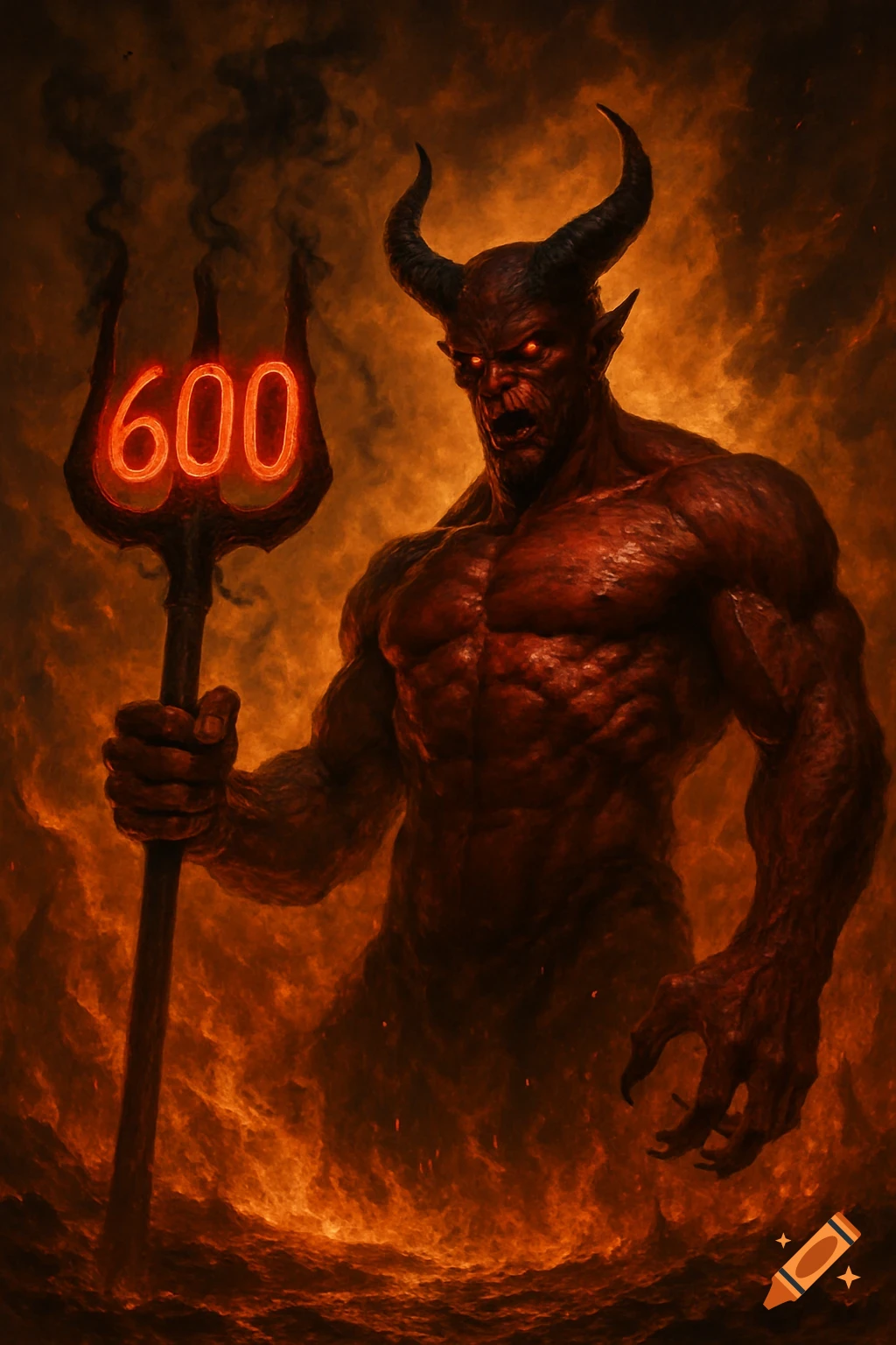 Muscular red demon with horns and glowing eyes stands in hellfire, holding a trident with the glowing number 600.
