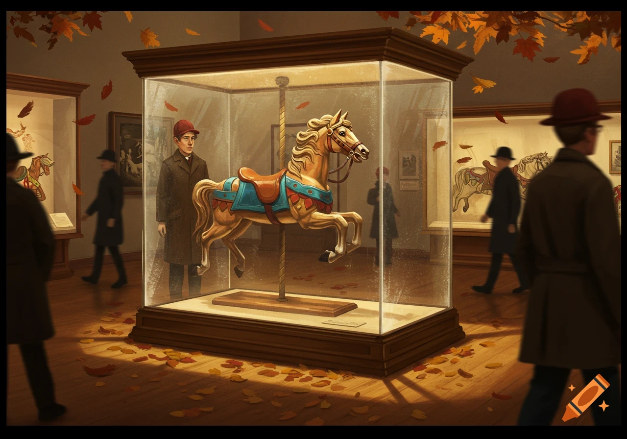 A detailed illustration of a golden carousel horse displayed in a museum glass case, surrounded by falling autumn leaves and blurred figures.