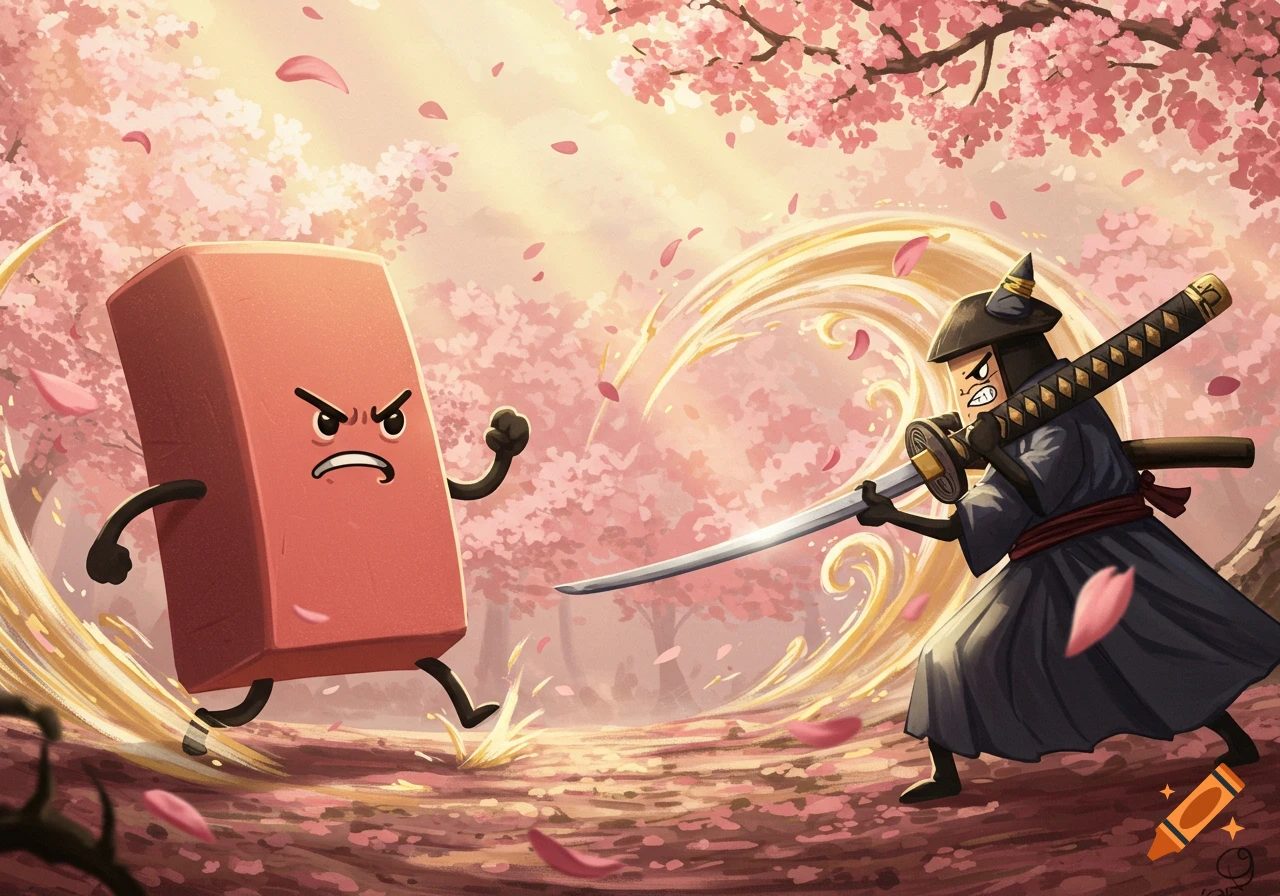 A cartoon red eraser with an angry face fights a samurai wielding a katana in a cherry blossom forest, cartoon style.