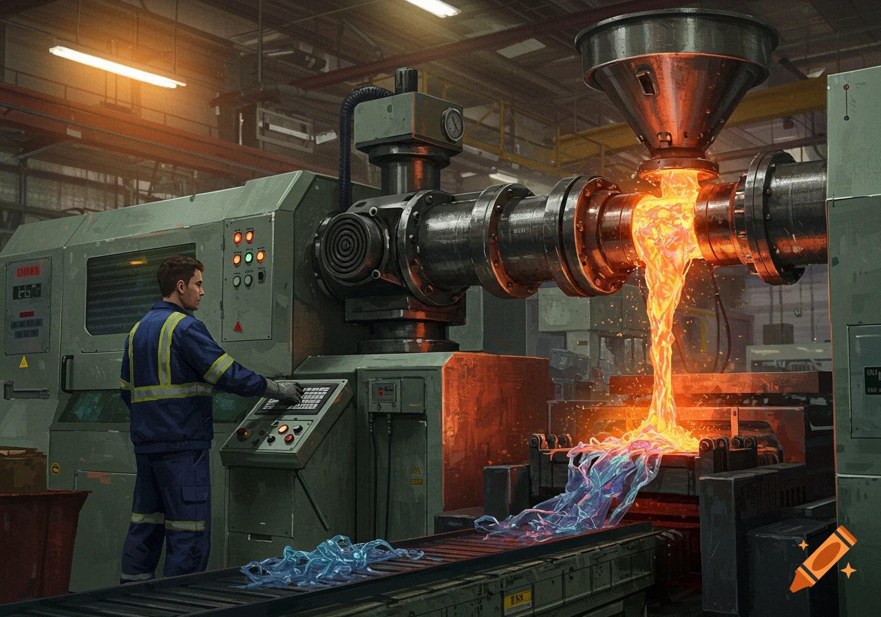 A worker operates a large industrial machine in a factory, with glowing molten material pouring out and transforming into a blue, ethereal substance.