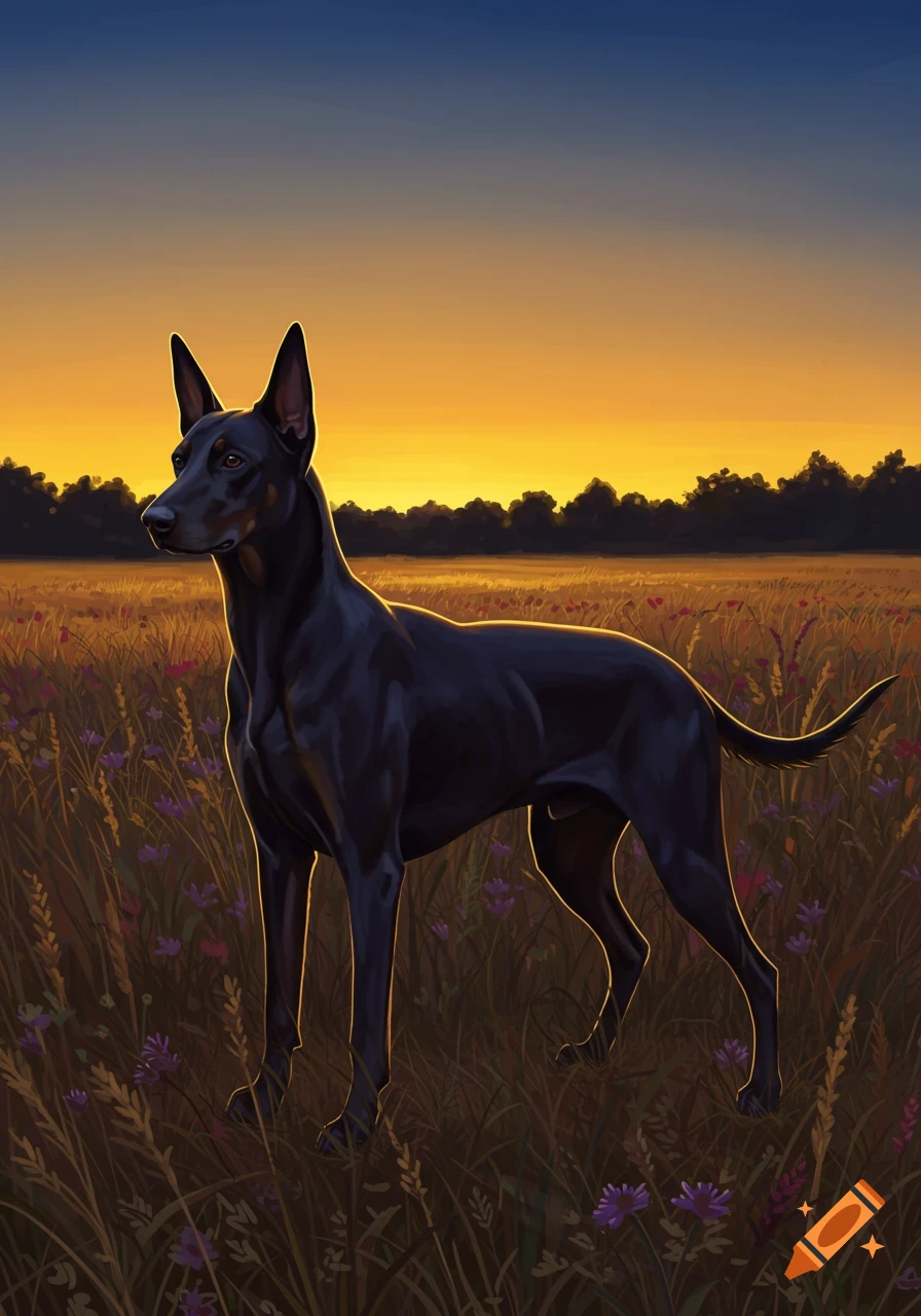 An illustration of a black Doberman dog standing in a field of tall grass and wildflowers at sunset.