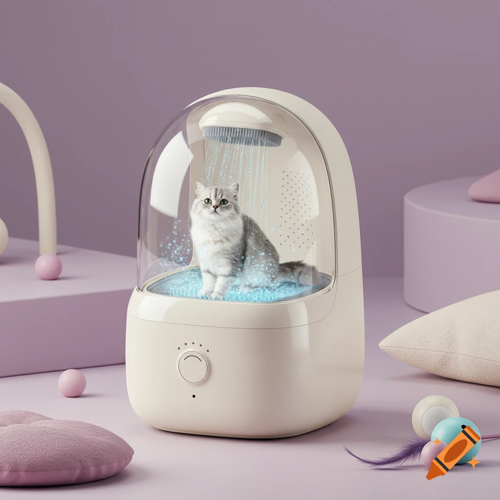 A fluffy white and grey cat sits calmly inside a modern, clear-domed pet cleaning device with water spraying in a lavender room.
